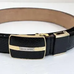ピエールカルダン ベルト ブラック 型押し　ゴールド金具　穴なしオートロック式