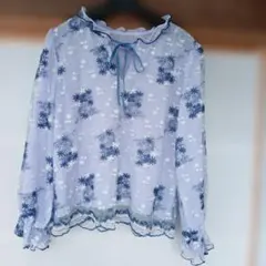 アクシーズファム シアーブラウス 花柄 刺繍 レース 長袖リボン ブルー 青
