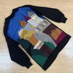 【ジャケット】ニット レトロ柄 ブラック 個性 古着