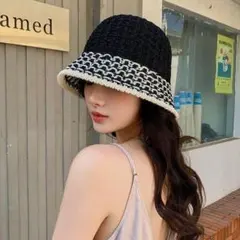 バケットハット ブラック ホワイト 透かし編み 韓国風 レディース オシャレ
