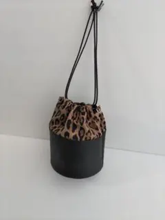 レオパード 丸底 巾着バッグ フェイクレザー 黒 茶 ハンドメイド