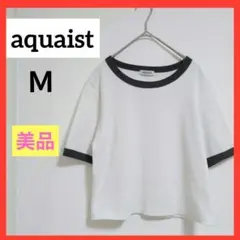 美品✨aquaist【Ｍ】リブ 半袖 Tシャツ ホワイト×ブラック ショート丈