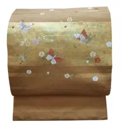 名古屋帯　名古屋仕立て　お太鼓柄　茶色　ラメ　金彩　蝶々　花　刺繍