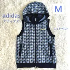 美品！adidas レディースニットベストフード付　総柄　ブルー・ネイビー配色
