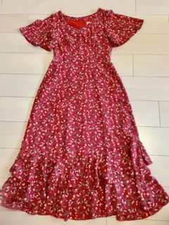 リリーブラウン 花柄赤ロングワンピース 半袖 Vネック