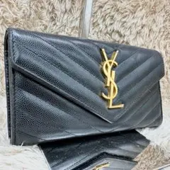 【美品】 サンローラン ブラック レザー 長財布 フラップ キャビアスキンのサムネイル