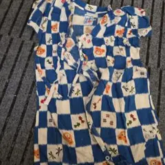 Mサイズ 甚平 青白チェック柄 動物イラスト