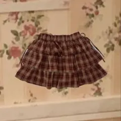 フリル付き茶色 チェックショートスカート ブラウン 赤 リボン レディース