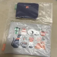 新品未使用品　KALDI フラットポーチ 2種セット 猫柄　ネコ　コーヒー柄のサムネイル