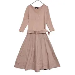 ジャスグリッティー　リブニット 切り替えロングワンピース　くすみピンク　七分袖