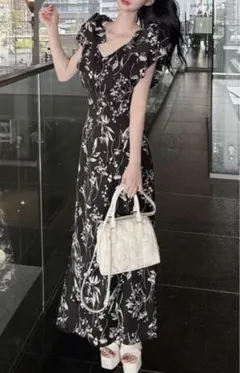 【GRL】新品タグ付き　花柄ショルダーリボンワンピース[pm585]S