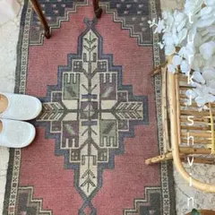 大きめ63×119上質くすみ大人ピンク　グレーメダリオン　トルコヴィンテージラグ