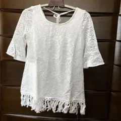 【タグ付】CECIL McBEE 5分丈 レース編みトップス 白 M