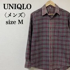 ユニクロ M レトロ メンズチェックシャツ 長袖 古着 赤 グレー コットン素材