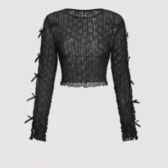 リボン付き シアー クロップド丈 長袖 トップス シースルー shein