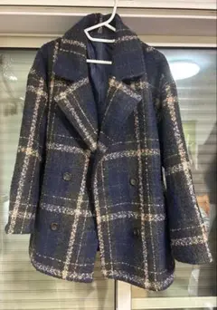 しまむら　ネイビー系チェック ダブルブレストジャケット L