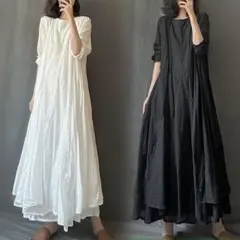 【美品】ラウンドネック 無地のワンピース マキシ丈 気質満点 シンプル 春夏