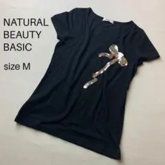 ナチュラルビューティーベーシック スパンコールTシャツ M 黒 キラキラ