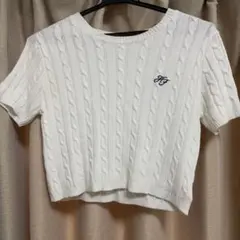 ホワイト ケーブルニット 半袖 Tシャツ