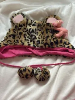 ヒョウ柄耳付き帽子 ピンクの象付き