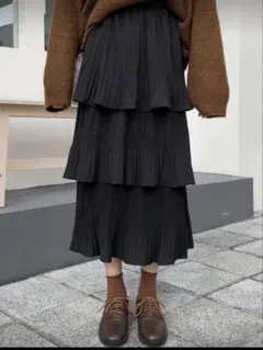 SHEIN ブラック プリーツ フリル ロングスカート