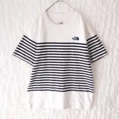 ザノースフェイス Tシャツ ボーダー ロゴ刺繍 コットン ホワイト ネイビー L
