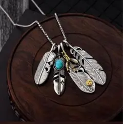 フェザーネックレス4枚羽アメカジインディアンターコイズシルバー重厚感ユニセックス