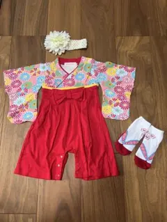 赤い着物スタイルドレスと靴下、ヘアバンドセット　サイズ70cm