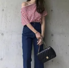 新品　オフショルボーダーカットソー　赤　レッド