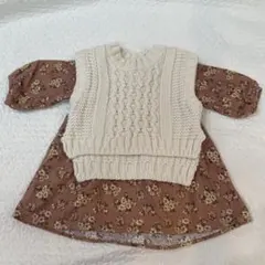 【プティマイン 】マシンウォッシャブル ニットベストつきフラワー柄ワンピース