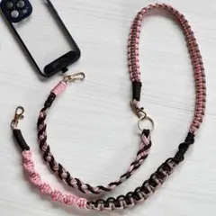 パラコード2ウェイ スマホショルダーストラップ ピンク×ベージュ×ダークブラウン