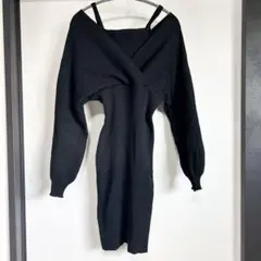 オフショルダー夫婦　リブニットワンピース