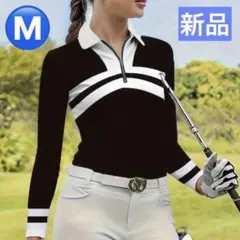 【新品/Mサイズ】レディース ゴルフウェア 長袖 ポロシャツ ブラック×ホワイト