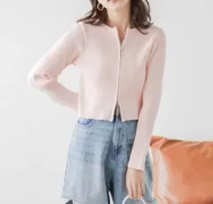 AMELY ダブルジップ リブ カーディガン クロップド ショート丈 トップス