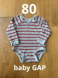 baby GAPグレーと赤のストライプロンパース　ワンポイント　クマ刺繍　80㎝