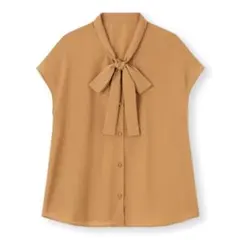 GU ボウタイブラウス 半袖 ブラウン Lサイズ オフィスカジュアル リボン