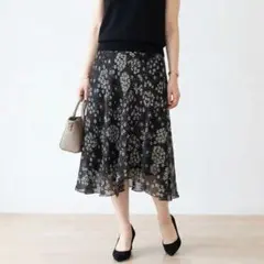 G1764*23区☆花柄☆ひざ丈☆スカート☆黒ブラック グレー☆40.
