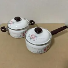 ほうろう鍋　両手鍋・片手鍋セット　白色×花柄　レトロのサムネイル