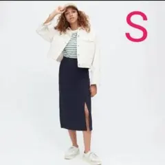【ユニクロ】 ストレッチダブルフェイススリットスカート(標準丈) ネイビーS