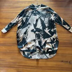 amina ビッグシルエットバード柄　コットンリネン ロングシャツ