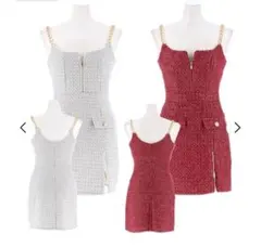 明日花キララ着用ツイードフロントジップスリットチェーンショルダータイトミニドレス