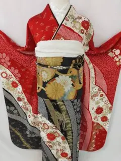 美品 正絹 染分 紅葉振袖7点フルセット トールサイズ 裄73 