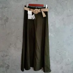 新品　タグ付き　ZARA　マキシ丈　リネン　フレア　ロングスカート　ベルト付き