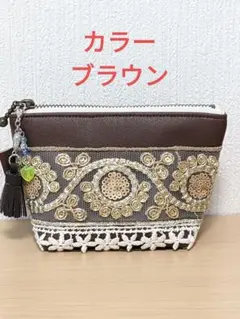 フェイクレザーインド刺繍リボンミニポーチ