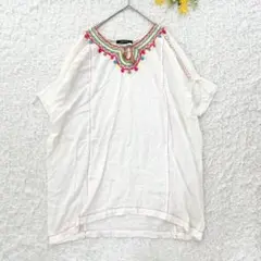 ローズバッド　刺繍チュニックワンピース　F 白　半袖　ゆったり　体型カバー