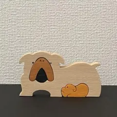 木製　犬と子犬　置物　組み木　ブルドッグ　手作り
