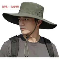 【新品・未使用】メンズ 日除け帽子 12cm超広つば UVカット ダークグリーン