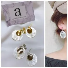 2295-2 シルバー☺︎ラウンド型天然シェルとメタルパーツのピアス☺︎