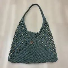 ビーズ装飾付きグリーン編み込みトートバッグ