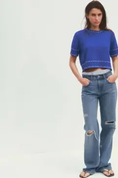 ZARA ダメージ加工ワイドレッグ ミッドライズジーンズ デニム